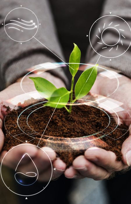 Smart agriculture IoT with hand planting tree background